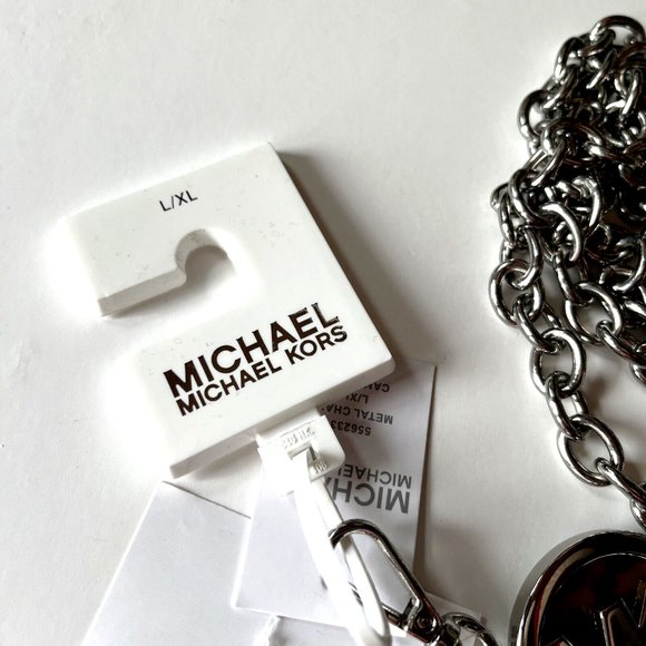 NWT Original MICHAEL KORS MK Logo Chain Belt Size L/XL Silver Metal Medallion